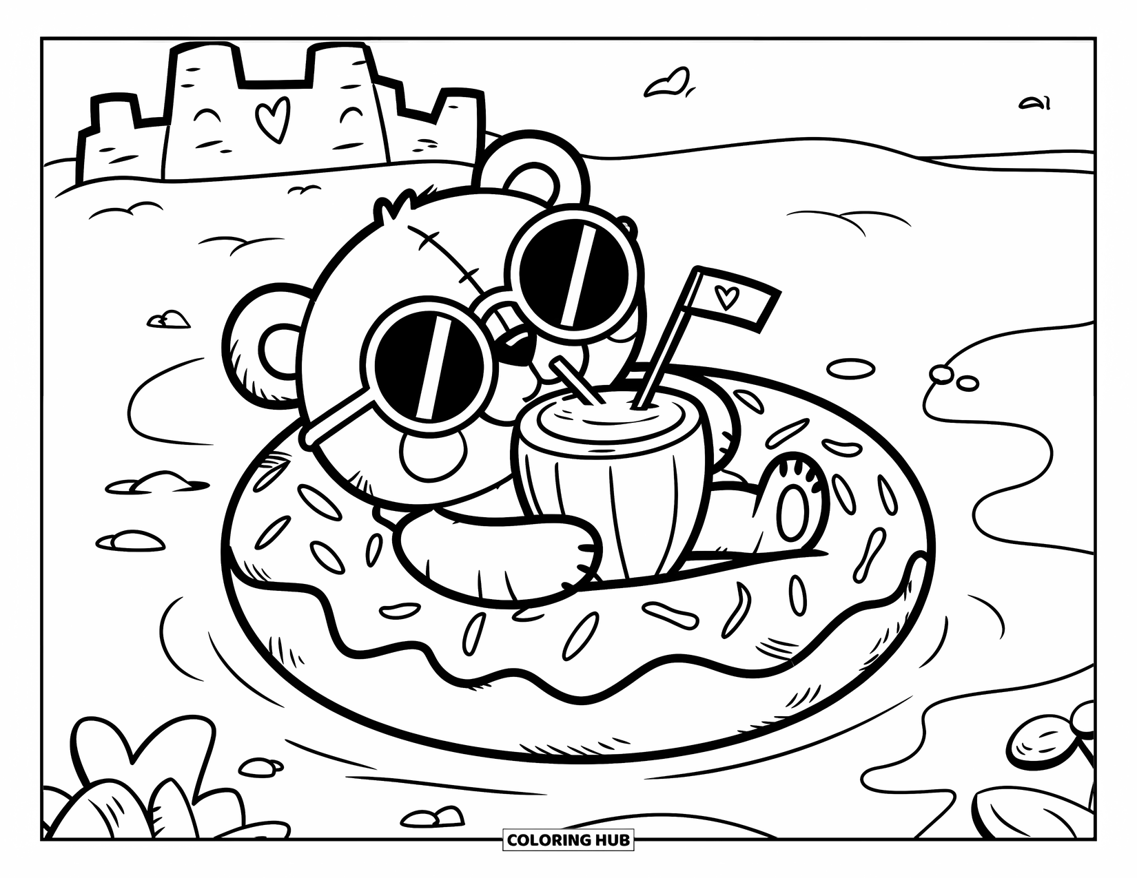 Teddy Bear Coloring Page for Adults: A teddy bear relaxes on a doughnut floaty, enjoying a coconut drink near a sandcastle