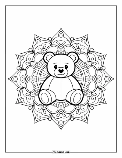 Dibujo de oso de peluche para colorear para adultos: Un oso de peluche descansa dentro de un mandala, rodeado de detallados diseños florales y geométricos