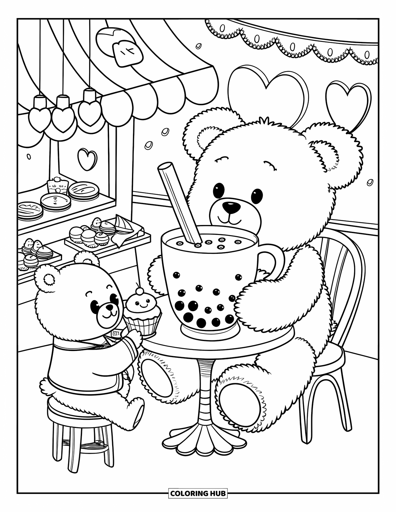 Teddy Bear Coloring Page for Adults: A teddy bear sips bubble tea at a whimsical cafÈ with fairy lights and heart windows