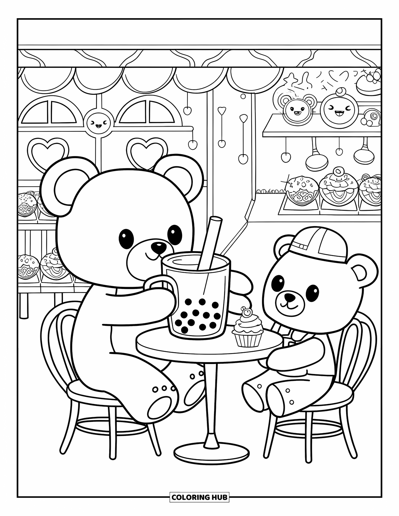 Teddy Bear Coloring Page for Adults: A teddy bear sits at a cafÈ table, sipping bubble tea while enjoying the charming dÈcor