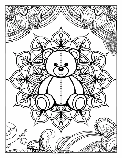 Dibujo de oso de peluche para colorear para adultos: Un oso de peluche se sienta en el centro de un mandala floral, rodeado de patrones geométricos