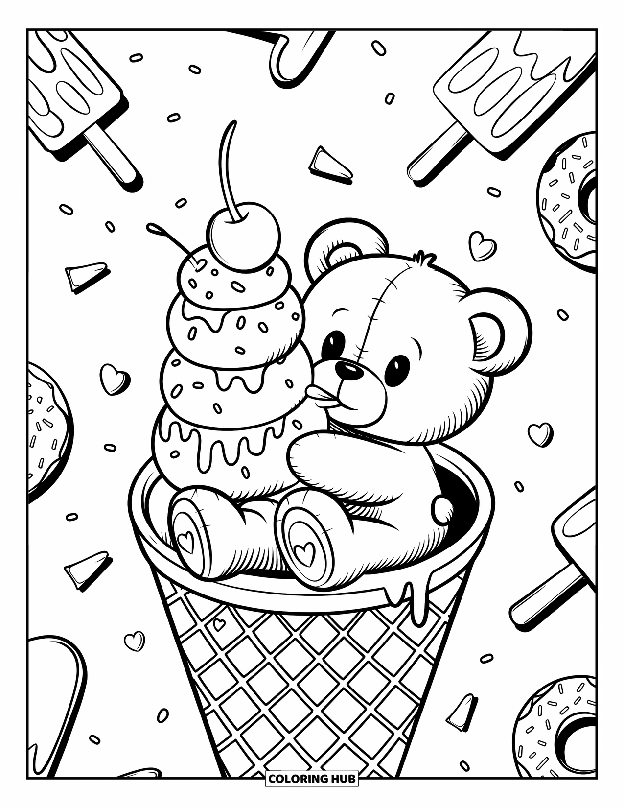 Teddy Bear Coloring Page for Adults: A teddy bear sits in a giant ice cream cone, licking a triple-scoop sundae with sprinkles