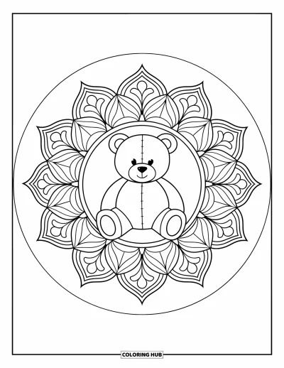 Dibujo de oso de peluche para colorear para adultos: Un oso de peluche se sienta dentro de un mandala ornamentado, enmarcado por intrincados patrones simétricos