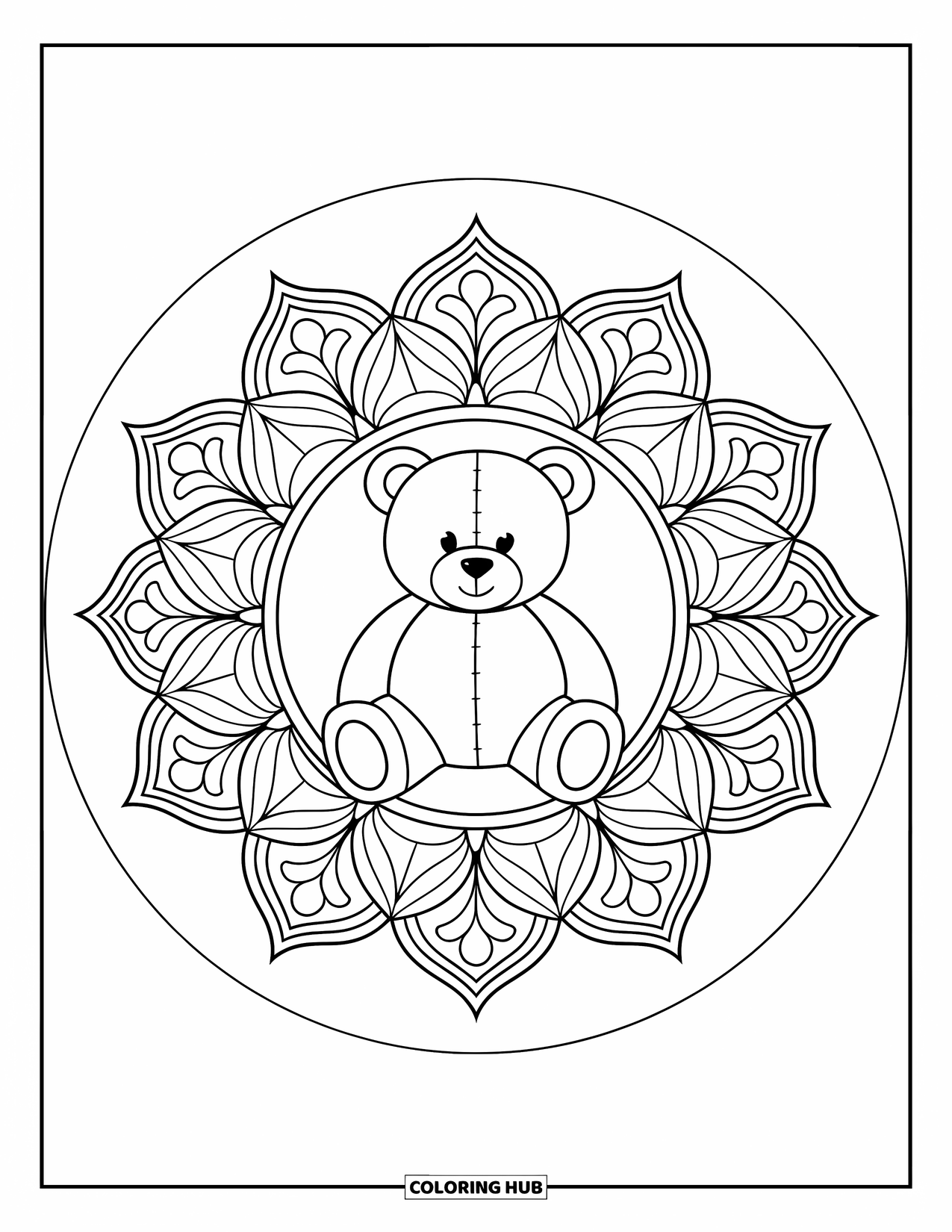 Teddy Bear Coloring Page for Adults: A teddy bear sits inside an ornate mandala, framed by intricate symmetrical patterns
