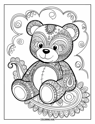 Dibujo de oso de peluche para colorear para adultos: Un oso de peluche se sienta en un diseño de cachemira, cubierto de intrincados patrones de estilo henna