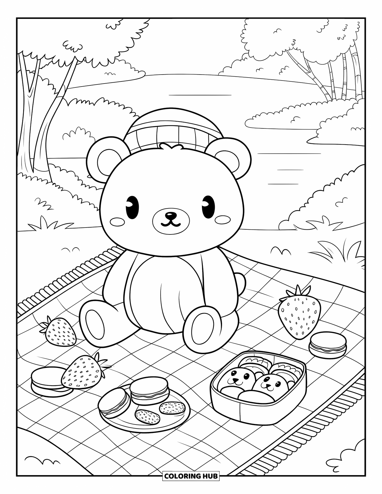 Teddy Bear Coloring Page for Adults: A teddy bear sits on a picnic blanket, surrounded by tiny, adorable food treats
