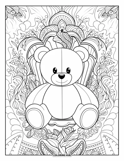 Dibujo de oso de peluche para colorear para adultos: Un oso de peluche se sienta en una silla de madera, enmarcado por delicados encajes y patrones florales