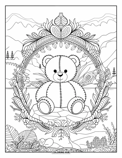 Dibujo de oso de peluche para colorear para adultos: Un oso de peluche se sienta dentro de un marco floral con forma de encaje, sobre un fondo de naturaleza pacífica