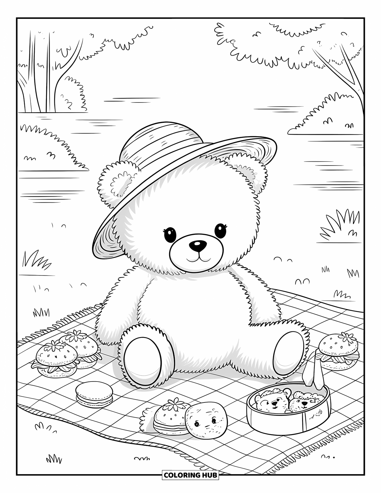 Teddy Bear Coloring Page for Adults: A teddy bear wearing a straw hat enjoys a picnic with cute and tiny food items