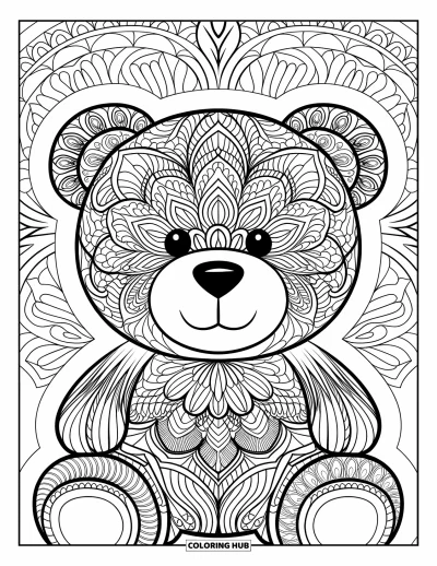 Dibujo de oso de peluche para colorear para adultos: La cara de un oso de peluche está rodeada de patrones de mandala arremolinados, que se mezclan con el fondo