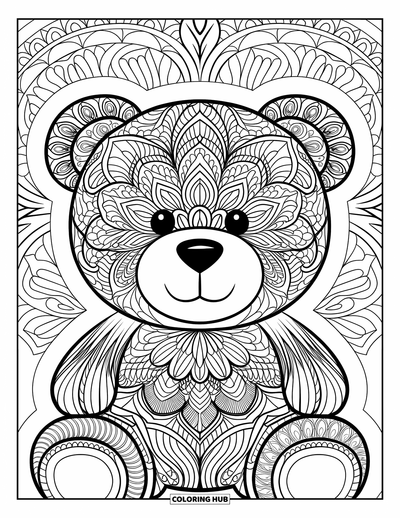 Teddy Bear Coloring Page for Adults: A teddy bear's face is surrounded by swirling mandala patterns, blending into the background