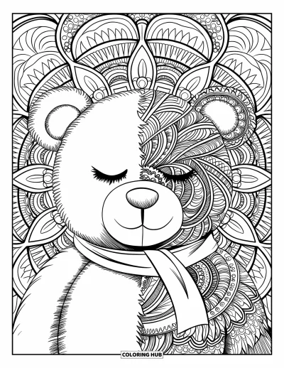 Dibujo de oso de peluche para colorear para adultos: La cara de un oso de peluche se mezcla a la perfección con un intrincado fondo de mandala