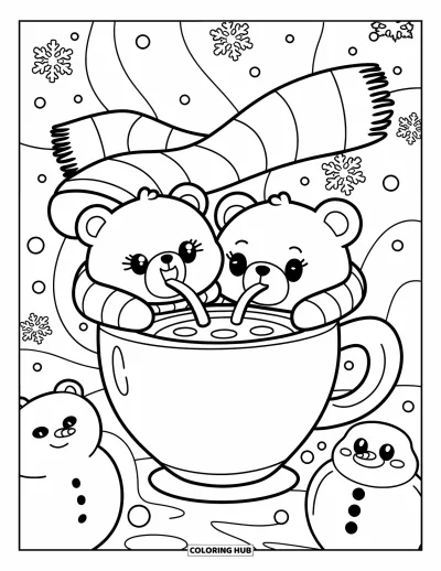 Dibujo de oso de peluche para colorear para adultos: Unos osos de peluche se acurrucan bajo una bufanda, bebiendo cacao, con copos de nieve cayendo a su alrededor