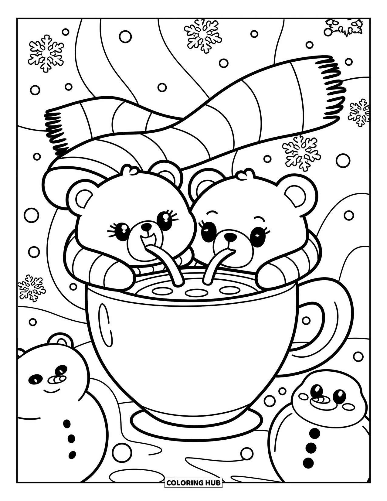 Teddy Bear Coloring Page for Adults: Teddy bears snuggle under a scarf, sipping cocoa, with snowflakes falling around them