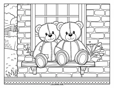 Dibujo de oso de peluche para colorear para adultos: Dos osos de peluche descansan en un estante de madera con una planta, un corazón y un fondo escénico