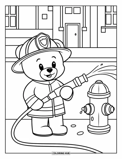 Dibujo de oso de peluche para colorear para niños: Un valiente oso de peluche bombero rocía agua con una manguera, de pie cerca de una boca de incendios