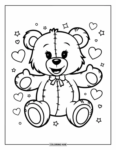 Dibujo de osito de peluche para colorear para niños: Un osito alegre con corbatín extiende los brazos para dar un abrazo, rodeado de estrellas y corazones