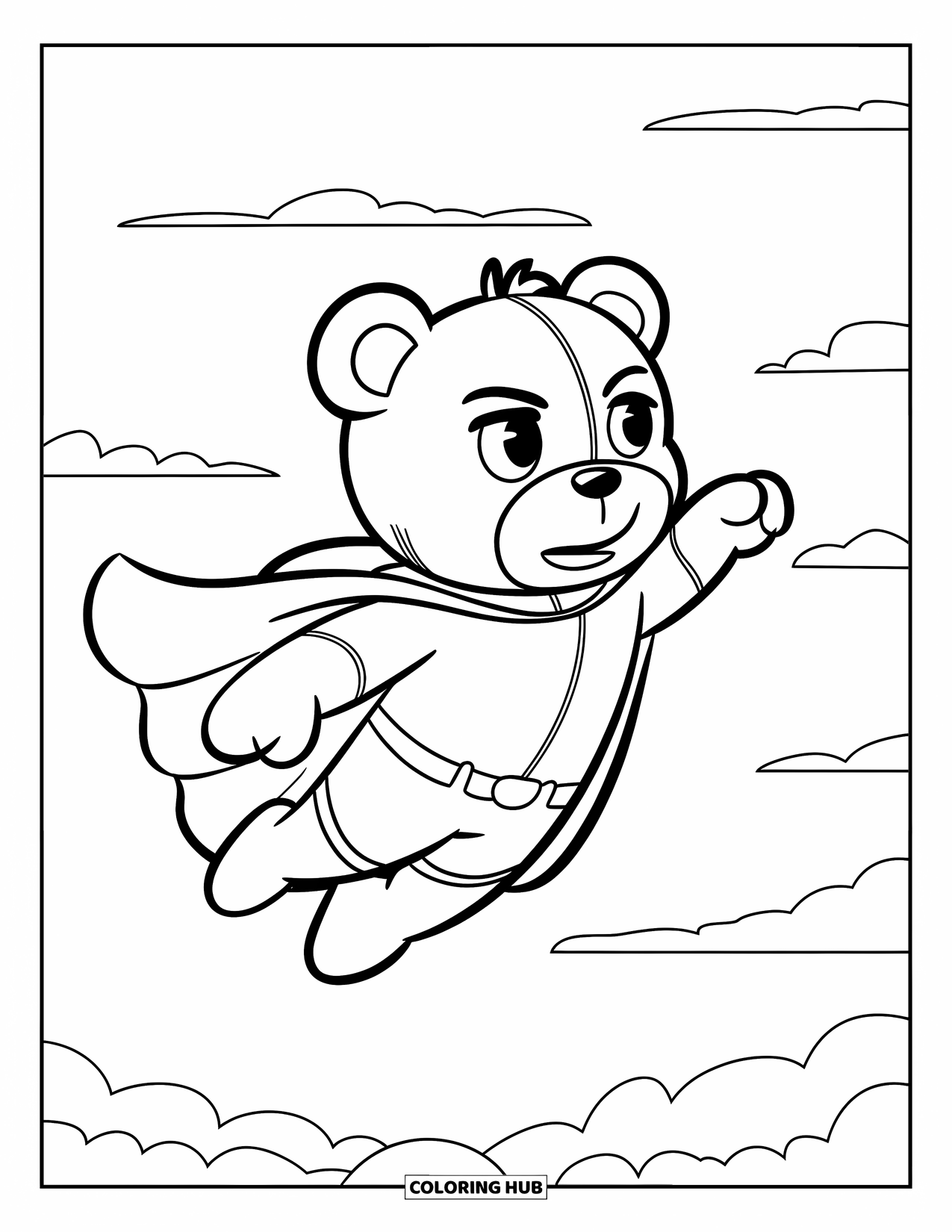 Teddy Bear Coloring Page for Kids: A heroic teddy bear in a cape soars through the sky, determined and strong