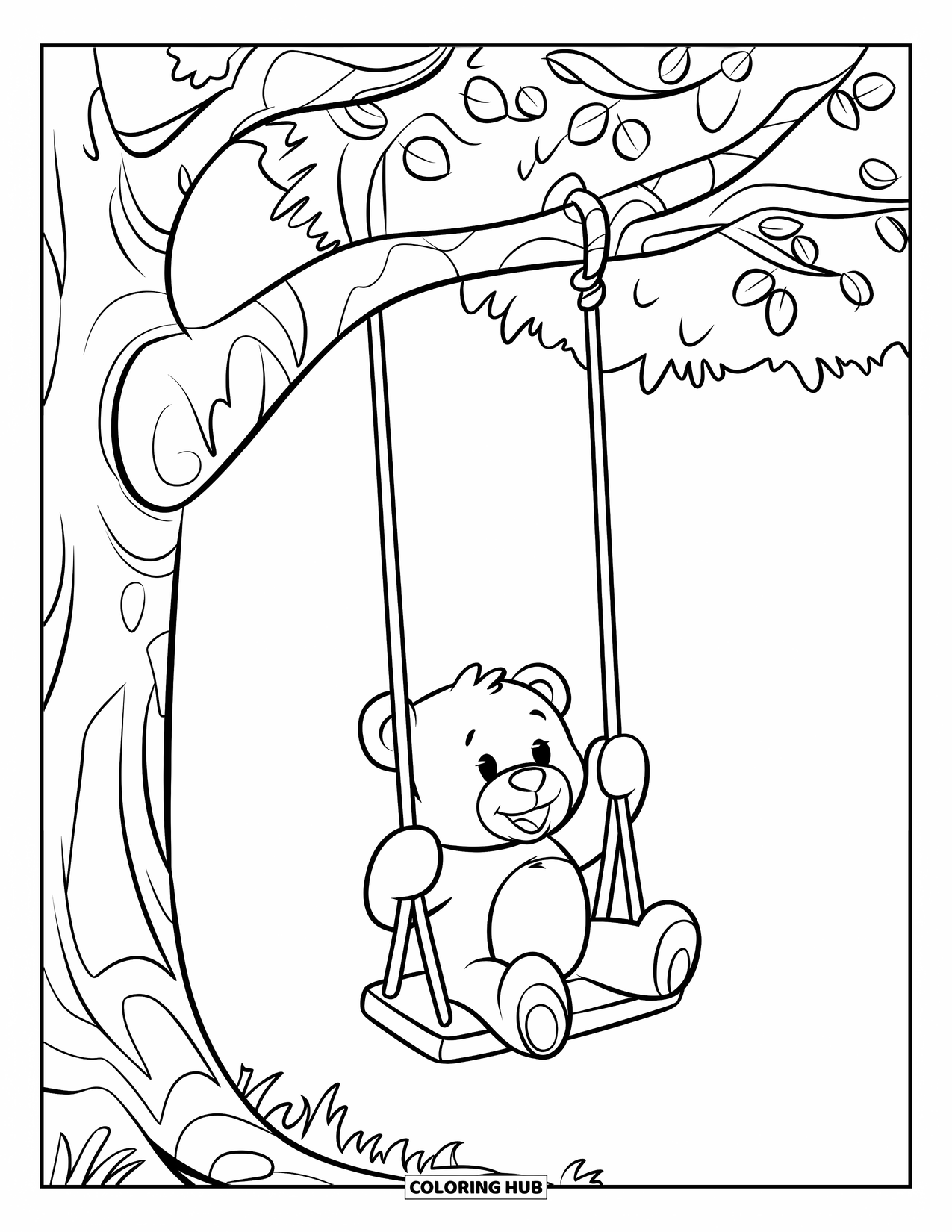 Teddy Bear Coloring Page for Kids: A joyful teddy bear swings under a tree, enjoying the peaceful surroundings