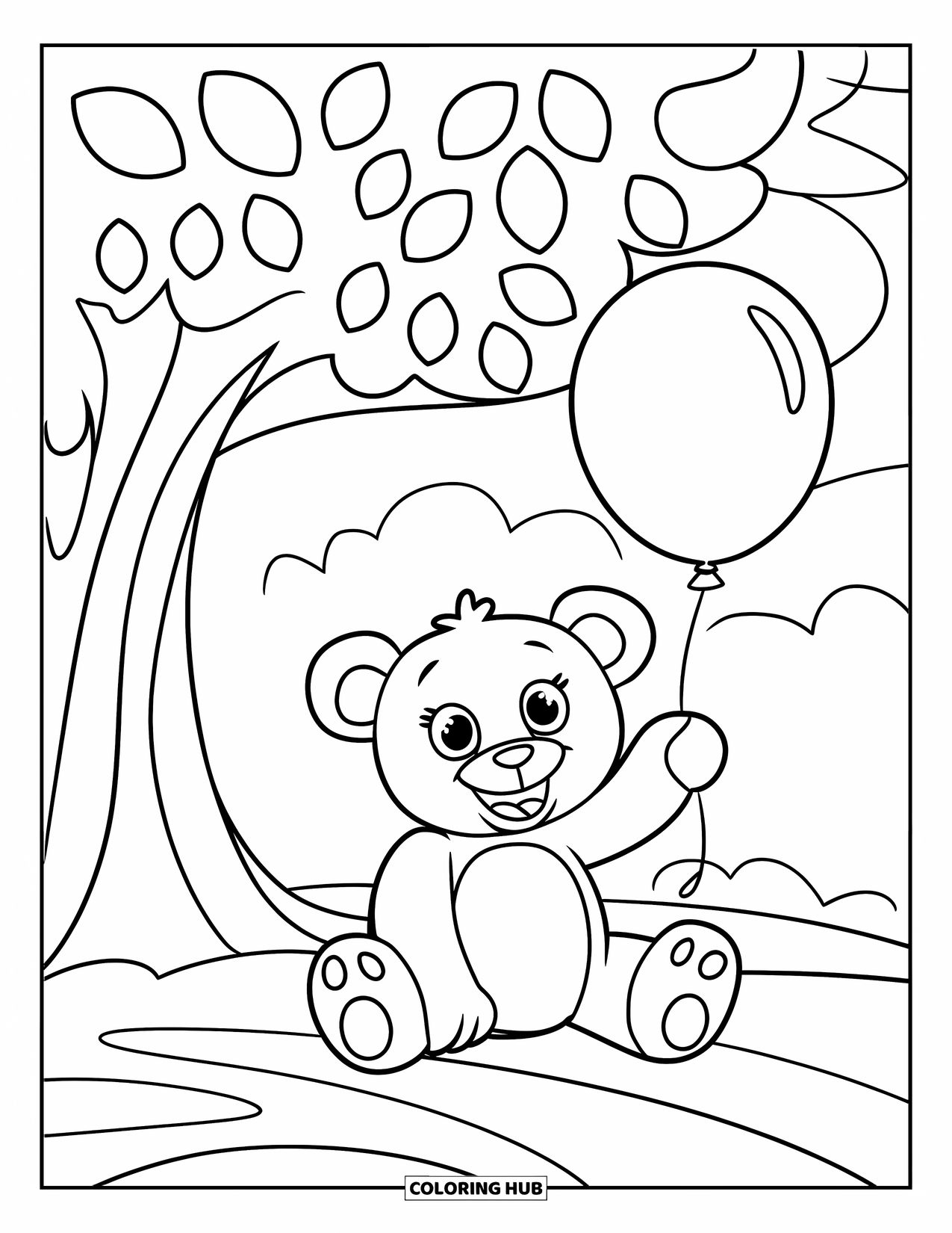 Teddy Bear Coloring Page for Kids: A joyful teddy bear with a wide smile holds a balloon while sitting beneath a leafy tree