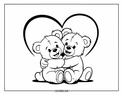 Dibujo de oso de peluche para colorear para niños: Un par de osos de peluche se abrazan bajo un contorno de corazón, sobre un fondo blanco sencillo