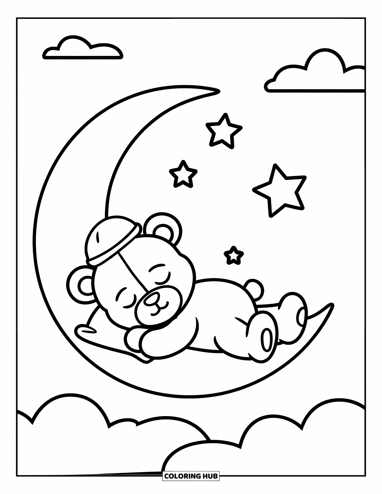 Teddy Bear Coloring Page for Kids: A sleeping teddy bear rests on a crescent moon, cuddled up with a tiny pillow
