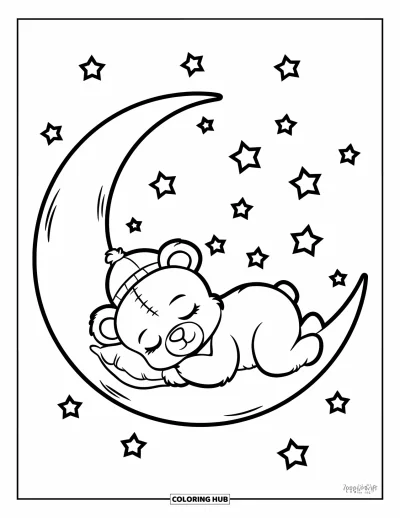 Dibujo de oso de peluche para colorear para niños: Un pequeño oso de peluche con un gorro de dormir dormita en una luna creciente bajo un cielo estrellado