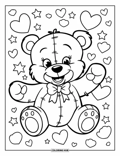 Dibujo de oso de peluche para colorear para niños: Un oso de peluche sonriente está de pie con los brazos abiertos, enmarcado por corazones y estrellas brillantes