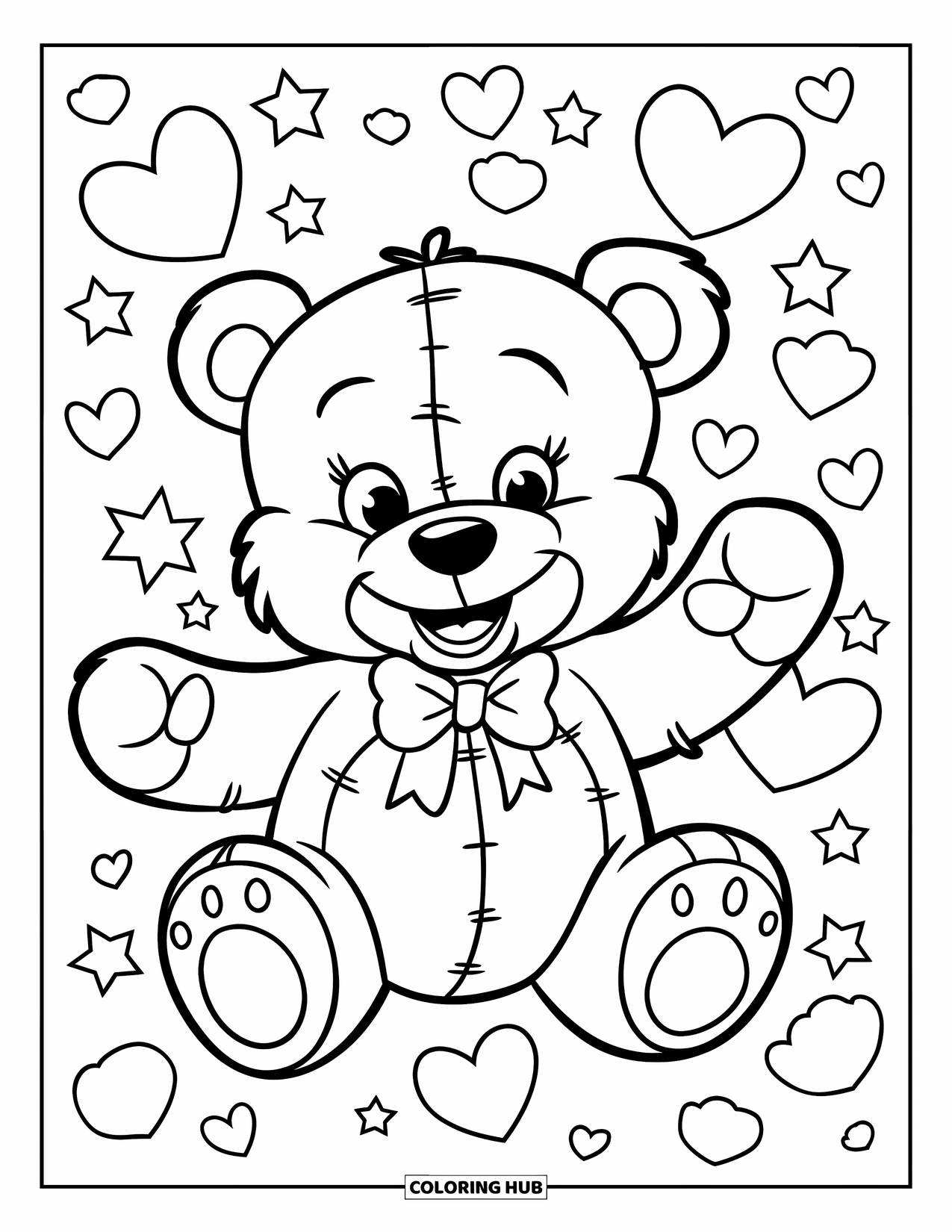 Teddy Bear Coloring Page for Kids: A smiling teddy bear stands with open arms, framed by hearts and twinkling stars