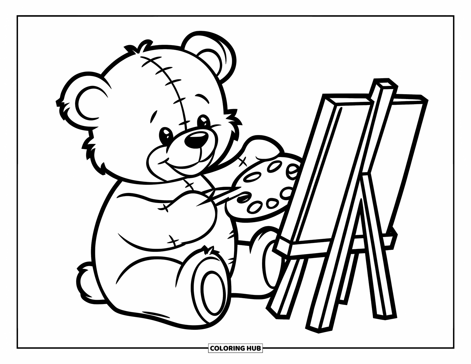 Teddy Bear Coloring Page for Kids: A teddy bear artist paints happily on a canvas, holding a palette in one paw