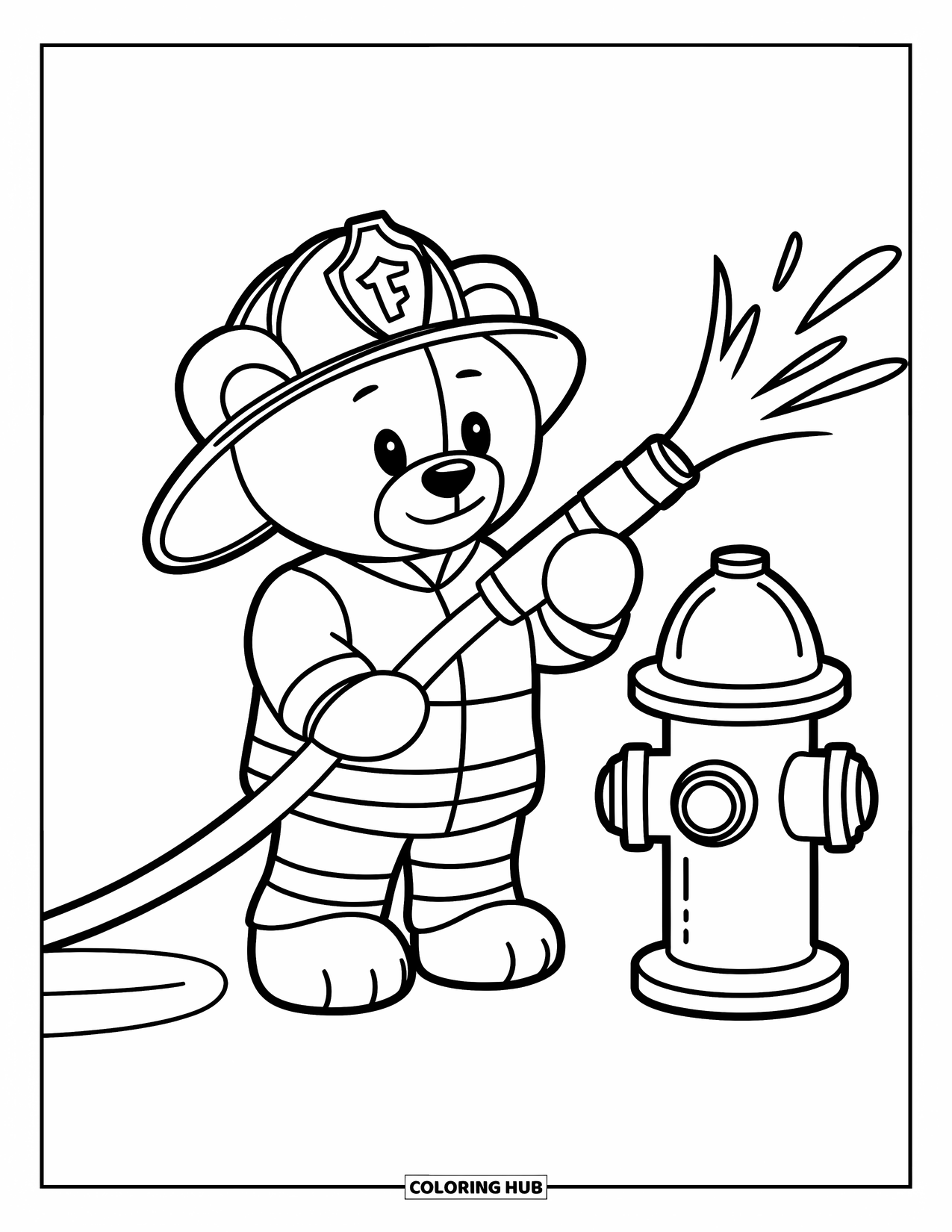 Teddy Bear Coloring Page for Kids: A teddy bear dressed as a firefighter holds a hose, spraying water near a fire hydrant