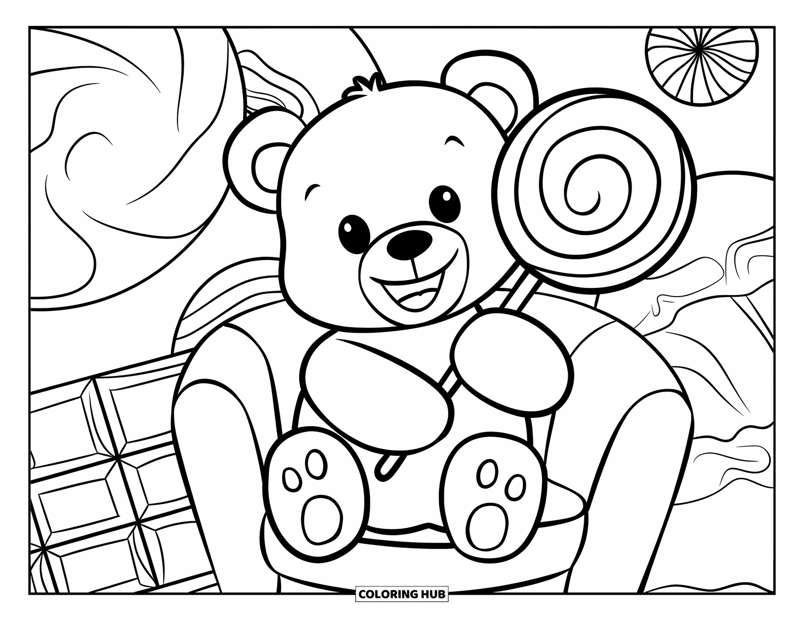 Teddy Bear Coloring Page for Kids: A teddy bear enjoys a lollipop while sitting on a chair, with giant sweets in the background
