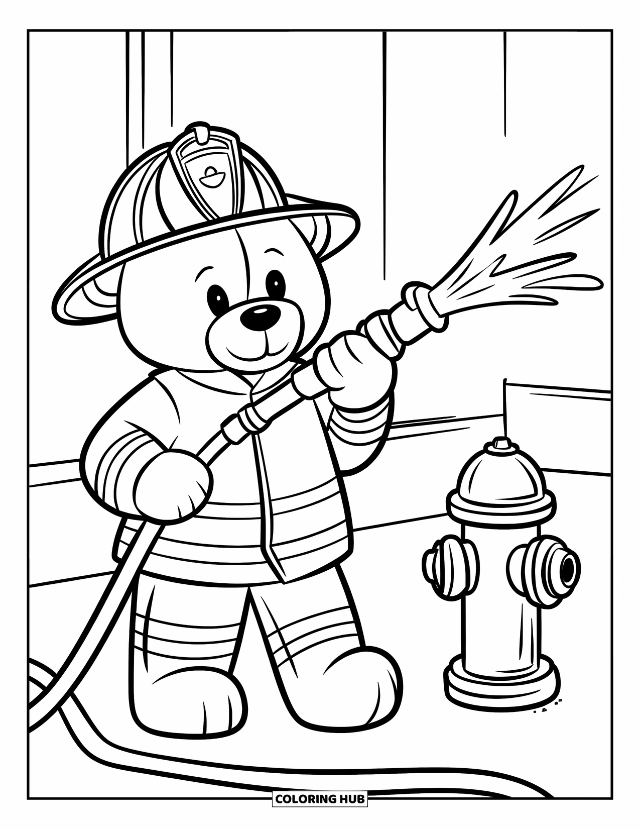 Teddy Bear Coloring Page for Kids: A teddy bear firefighter holds a hose, ready to put out a fire, near a hydrant