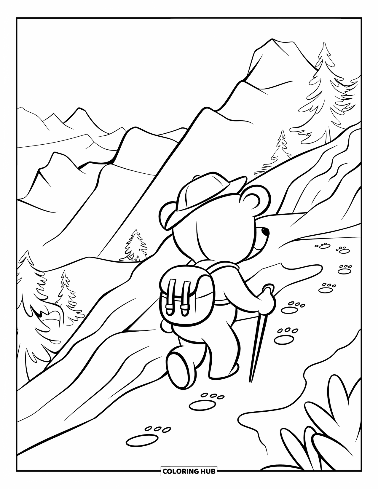 Teddy Bear Coloring Page for Kids: A teddy bear hikes up a mountain trail, carrying a small backpack and a walking stick