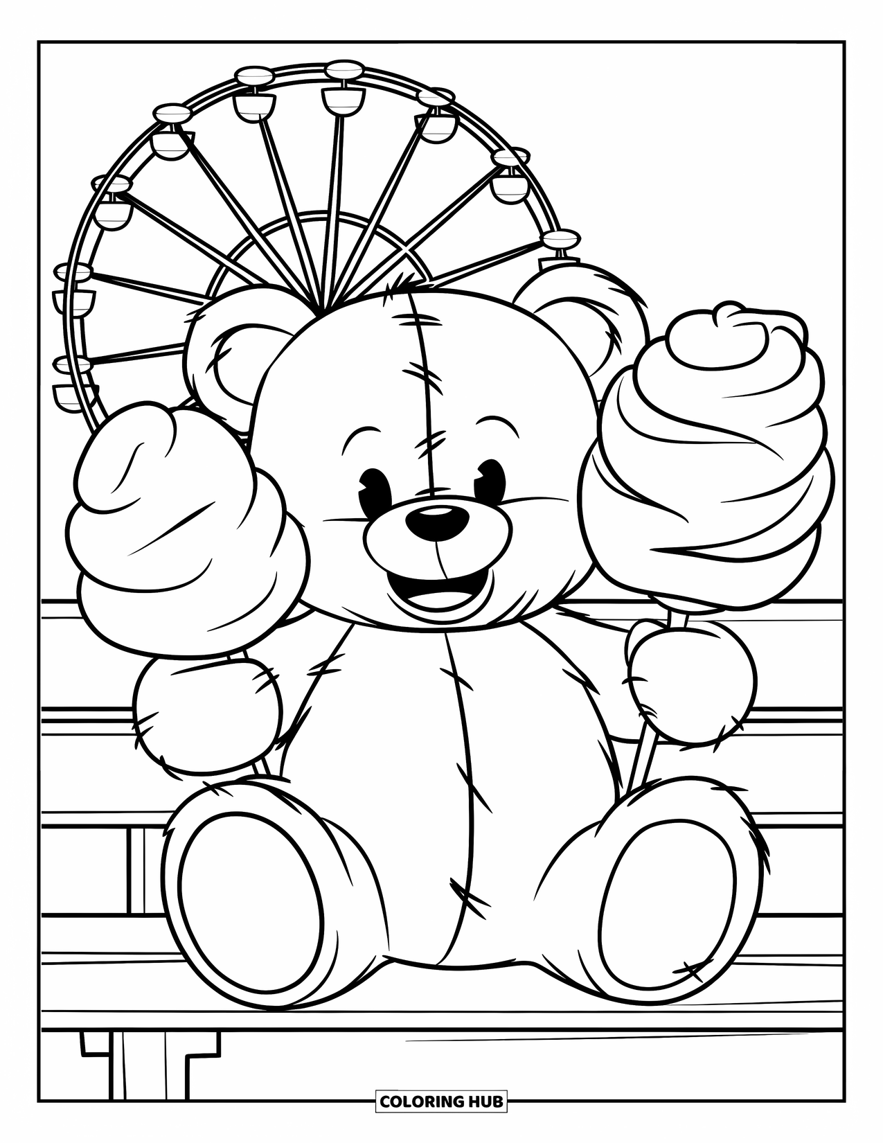 Teddy Bear Coloring Page for Kids: A teddy bear holds cotton candy in one hand and a stuffed prize in the other