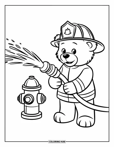 Dibujo de oso de peluche para colorear para niños: Un oso de peluche con un uniforme de bombero rocía agua con una manguera, de pie cerca de una boca de incendios
