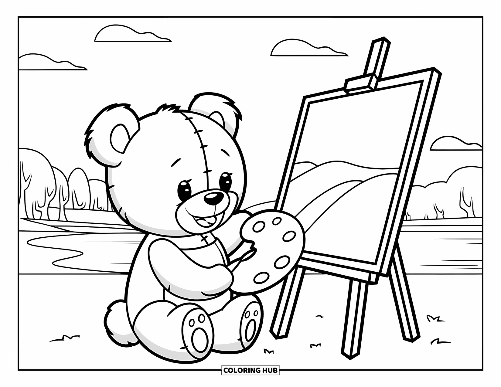Teddy Bear Coloring Page for Kids: A teddy bear paints a scenic landscape on a canvas, surrounded by trees and sky