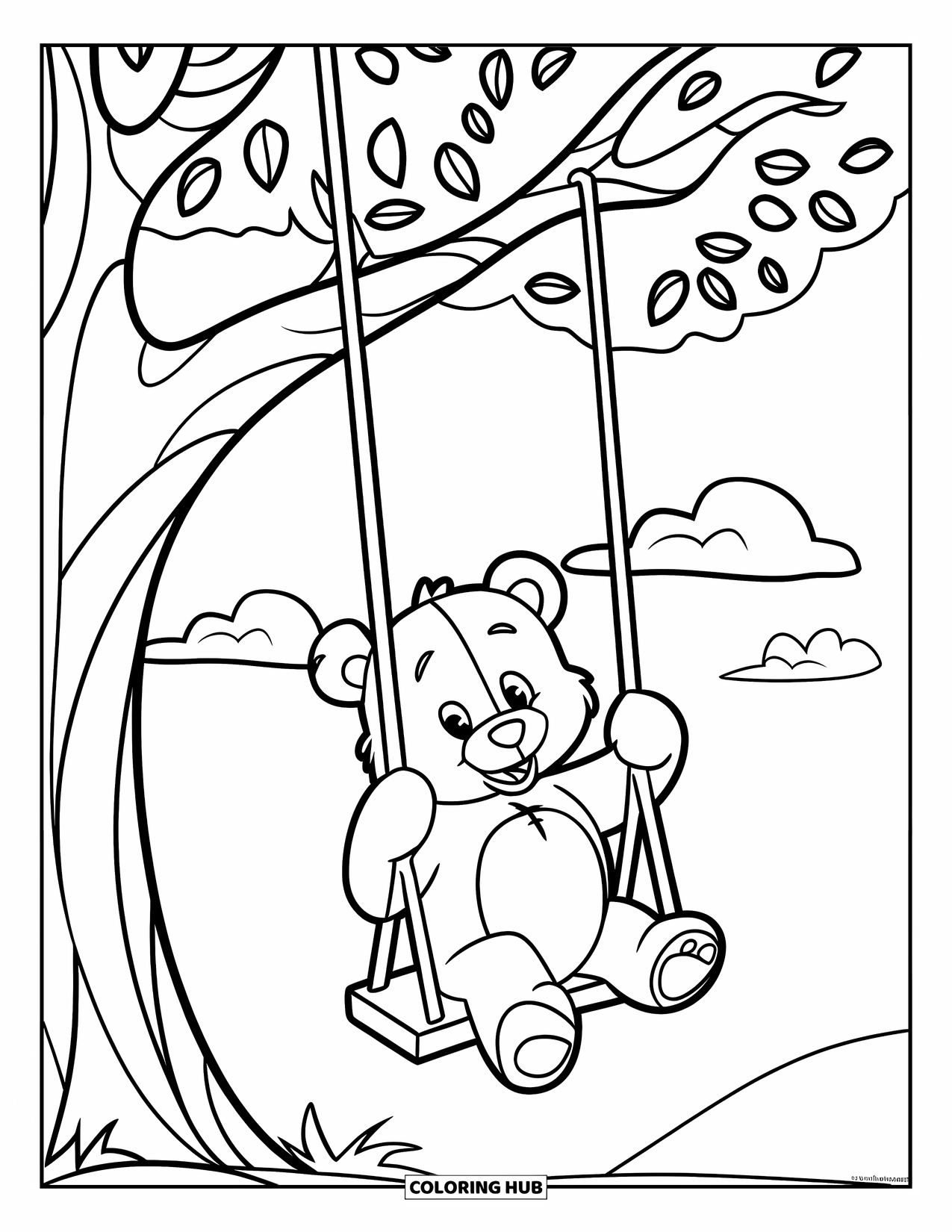 Teddy Bear Coloring Page for Kids: A teddy bear plays on a swing attached to a tree, enjoying the fresh breeze