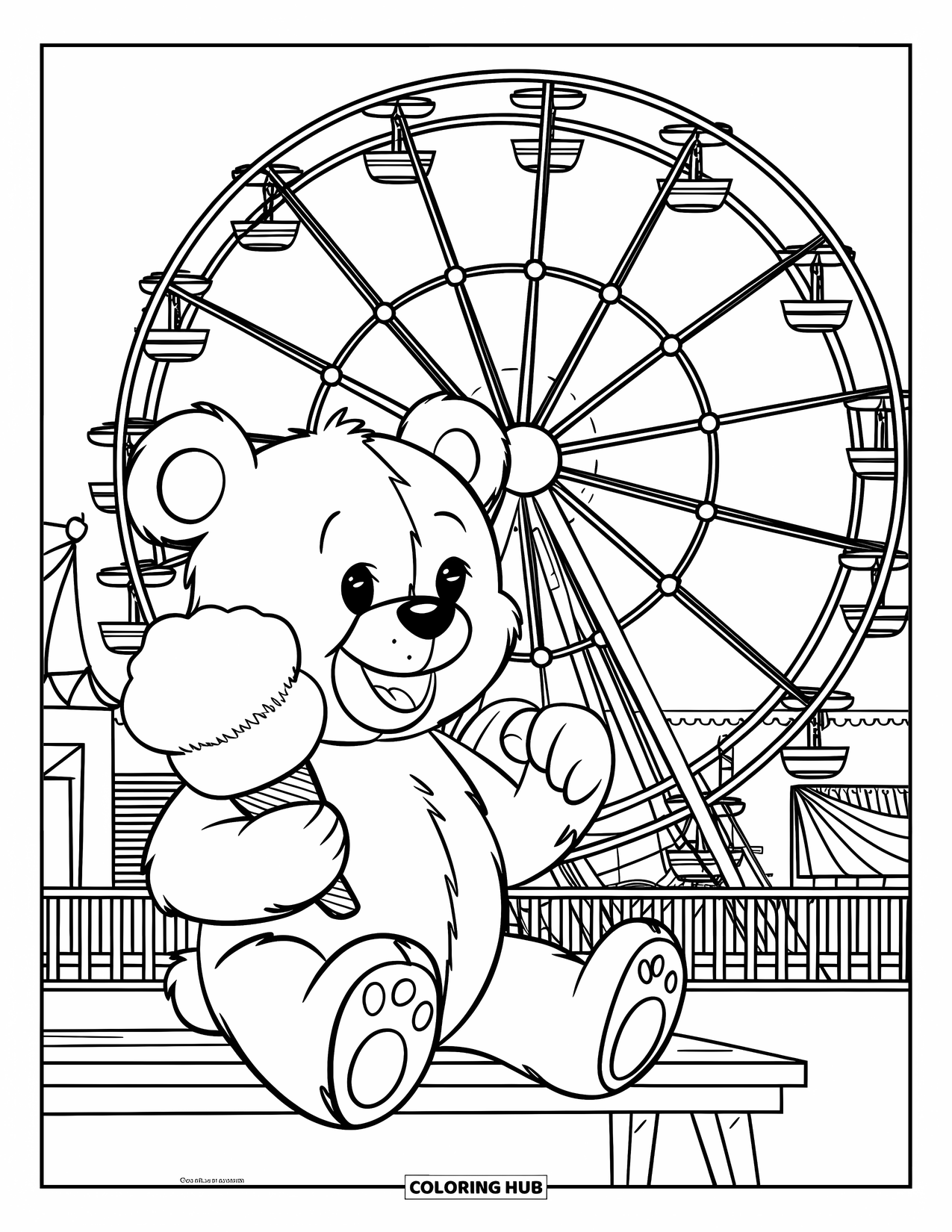 Teddy Bear Coloring Page for Kids: A teddy bear relaxes at a carnival, holding cotton candy and a prize, with rides behind