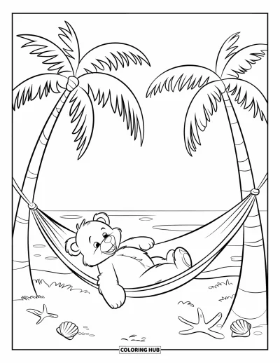 Dibujo de oso de peluche para colorear para niños: Un oso de peluche se relaja en una hamaca, rodeado de palmeras y conchas marinas en la playa