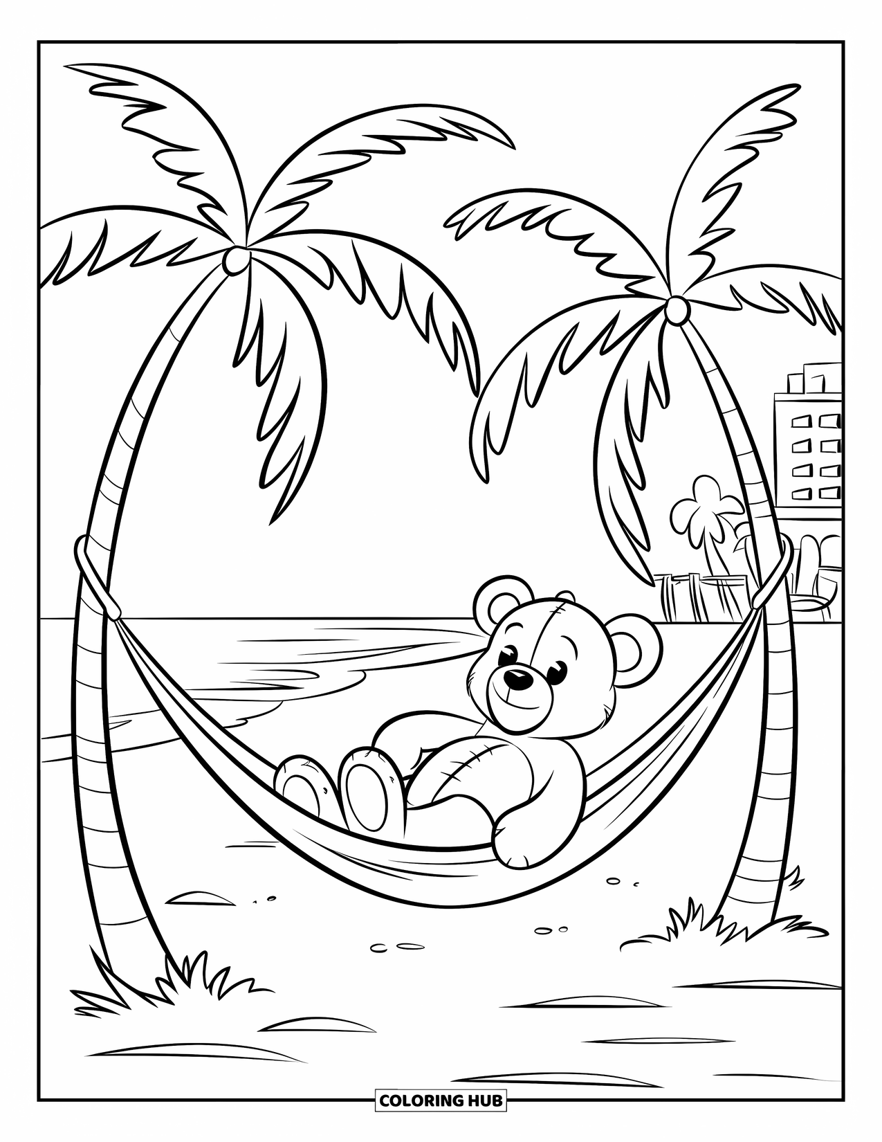 Teddy Bear Coloring Page for Kids: A teddy bear rests in a hammock under two swaying palm trees, enjoying the ocean breeze