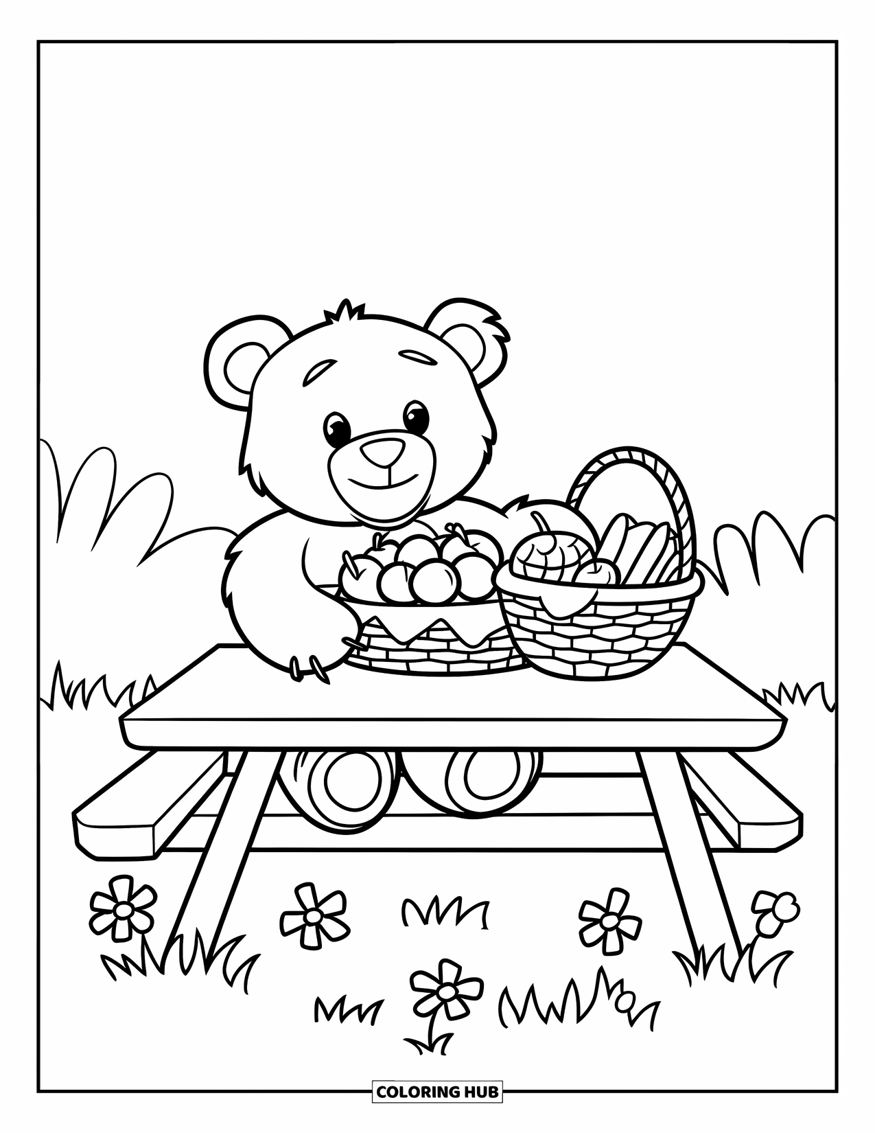 Teddy Bear Coloring Page for Kids: A teddy bear shares a meal at a picnic table, surrounded by simple flowers and grass