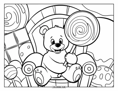 Dibujo de oso de peluche para colorear para niños: Un oso de peluche se sienta en un trono de caramelos, sosteniendo una piruleta, con dulces de gran tamaño en el fondo