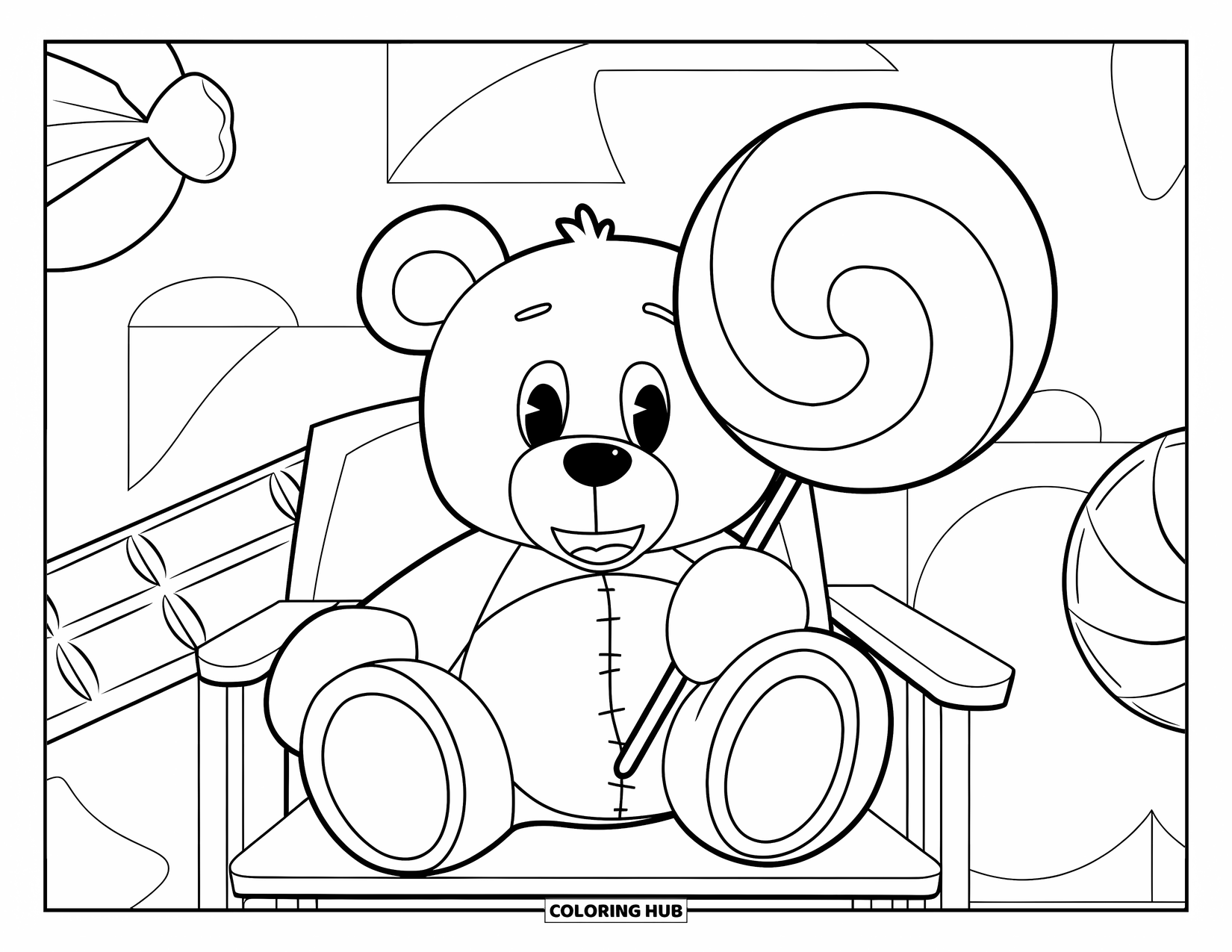 Teddy Bear Coloring Page for Kids: A teddy bear sits on a chair, happily holding a giant lollipop, surrounded by oversized candies