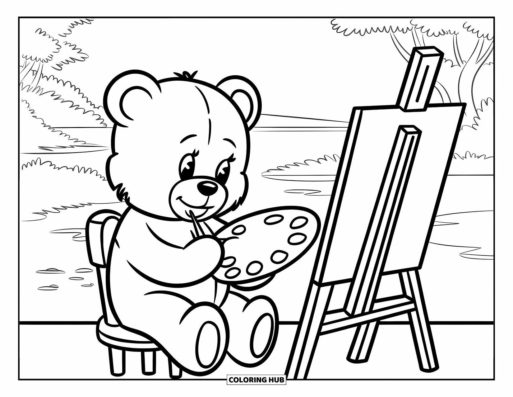 Teddy Bear Coloring Page for Kids: A teddy bear sits on a chair, painting on a canvas, with an easel in front