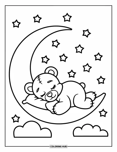 Dibujo de oso de peluche para colorear para niños: Un oso de peluche duerme plácidamente sobre una luna creciente, con una almohada y estrellas brillantes arriba