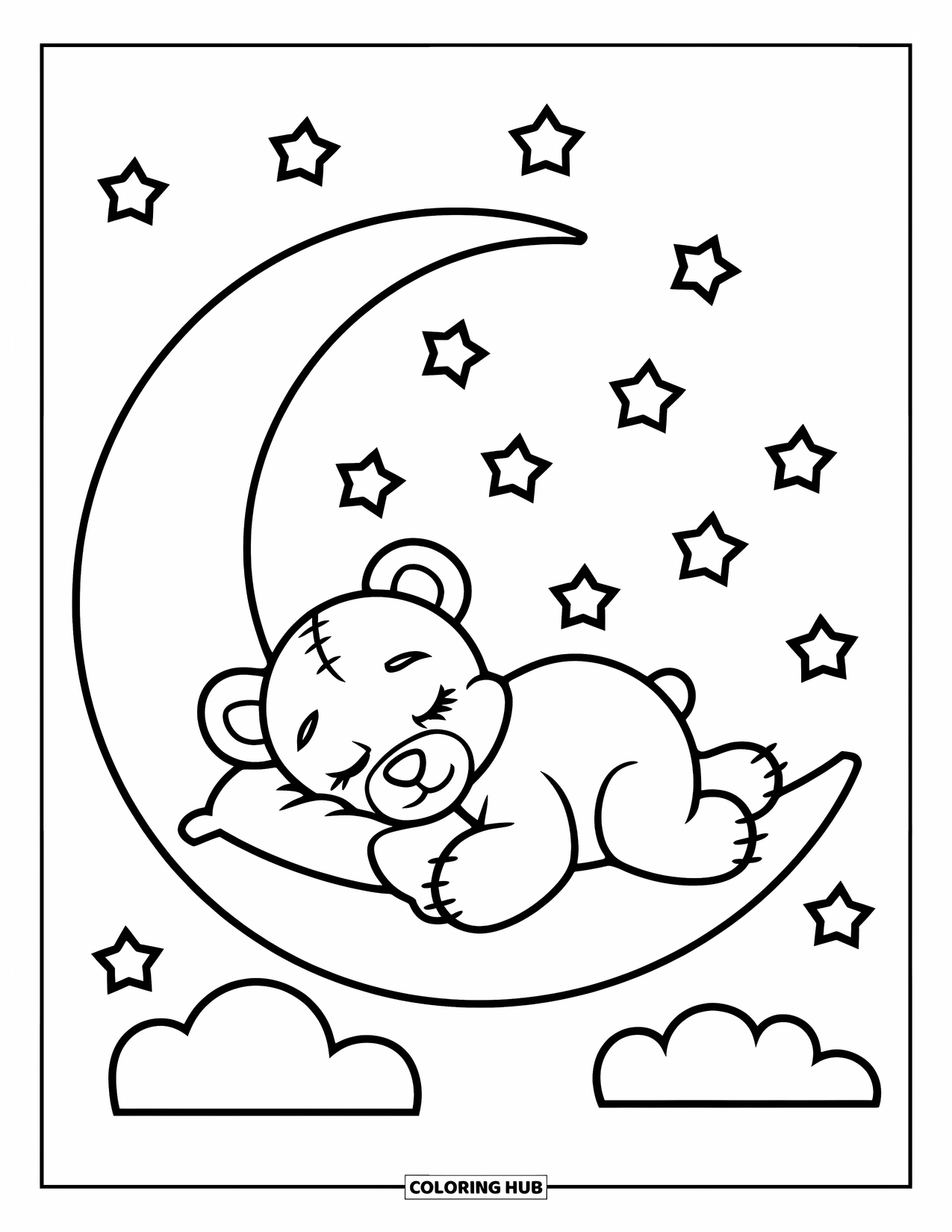Teddy Bear Coloring Page for Kids: A teddy bear sleeps peacefully on a crescent moon, with a pillow and twinkling stars above