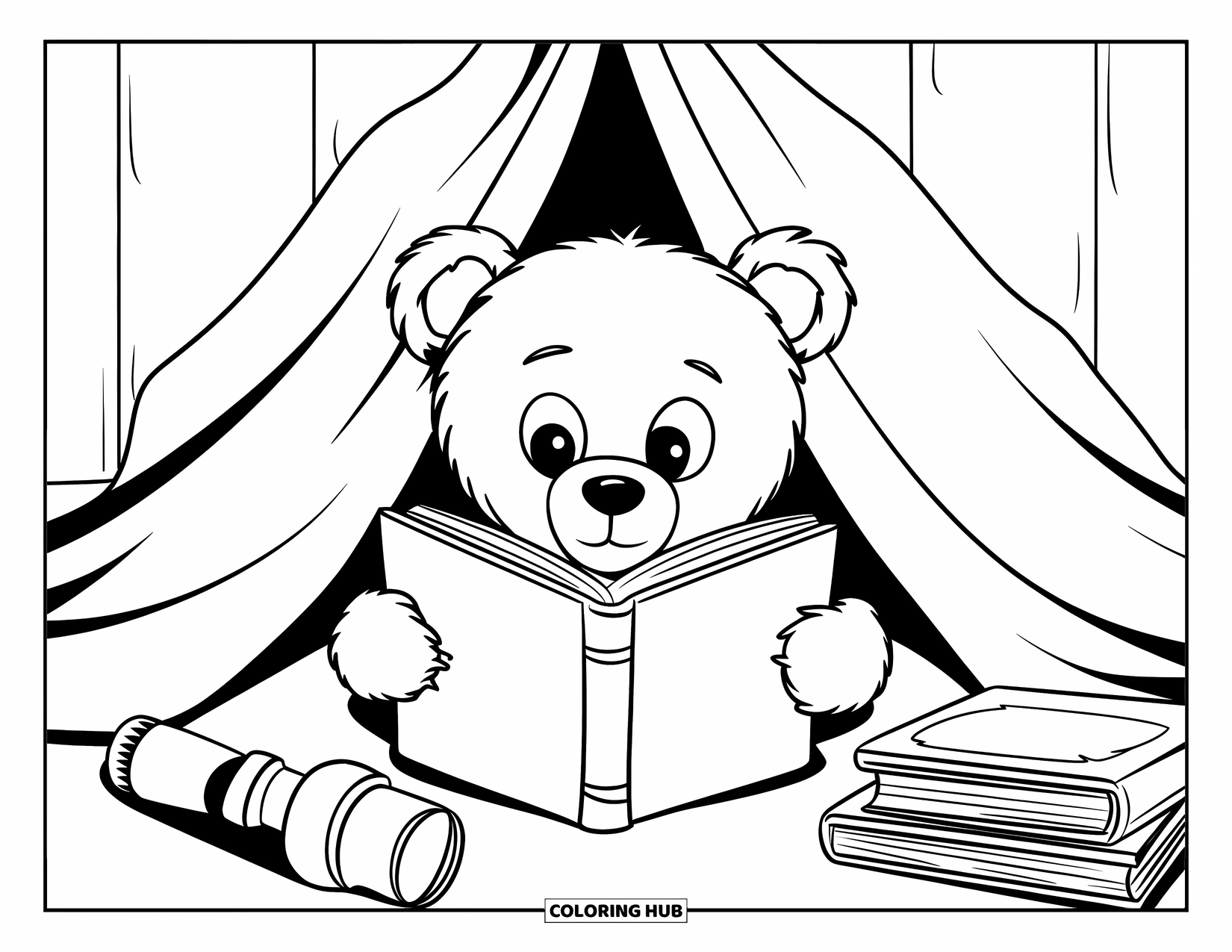 Teddy Bear Coloring Page for Kids: A teddy bear snuggles under a blanket fort, reading a book beside a pile of books