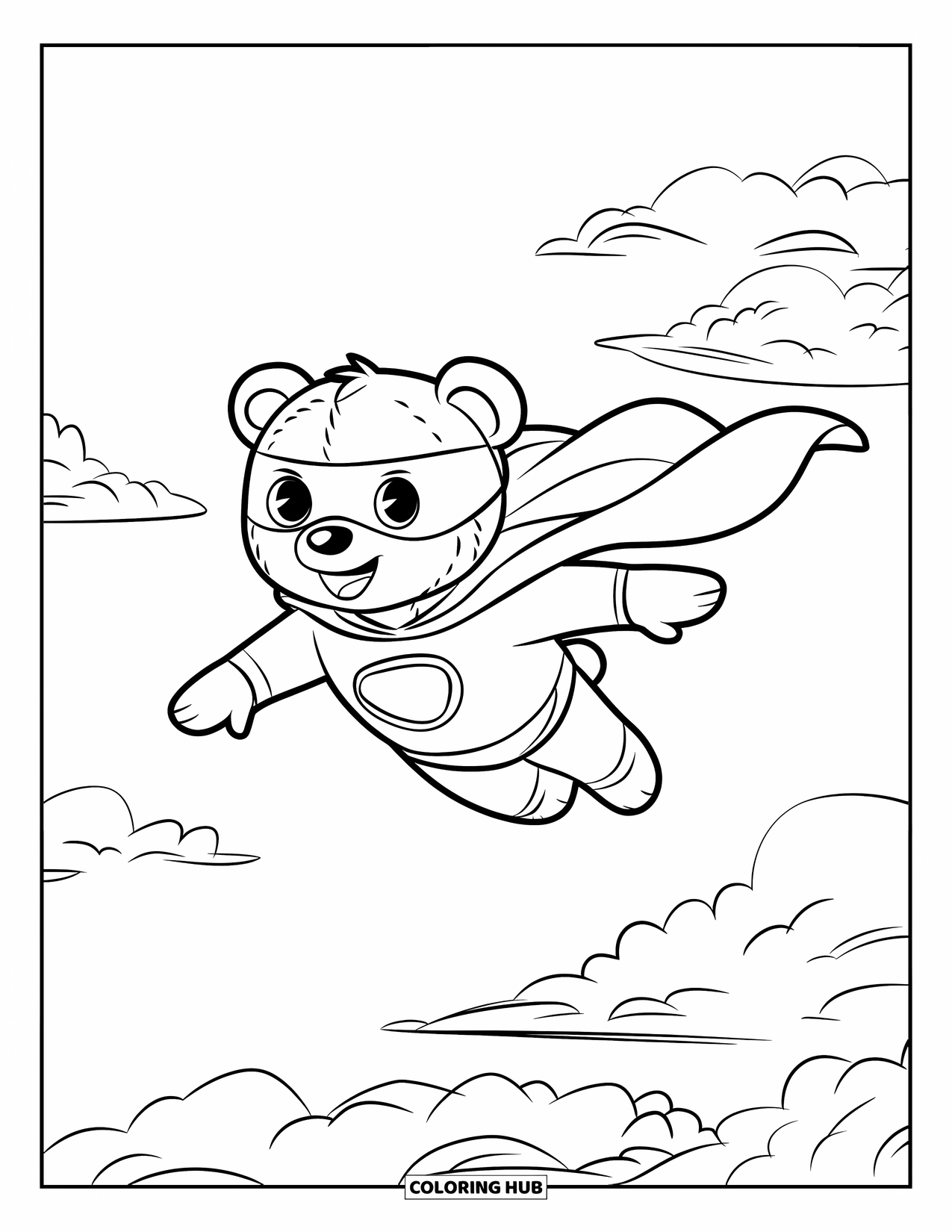 Teddy Bear Coloring Page for Kids: A teddy bear superhero flies high, wearing a mask and cape, surrounded by clouds