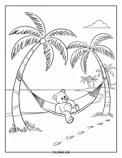 Dibujo de oso de peluche para colorear para niños: Un oso de peluche se balancea suavemente en una hamaca, con huellas que se extienden por la orilla arenosa